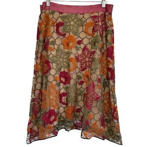 Lela Rose Silk Mesh Floral Embroidered A-Line Skirt Pink Waistband Size 8 USA